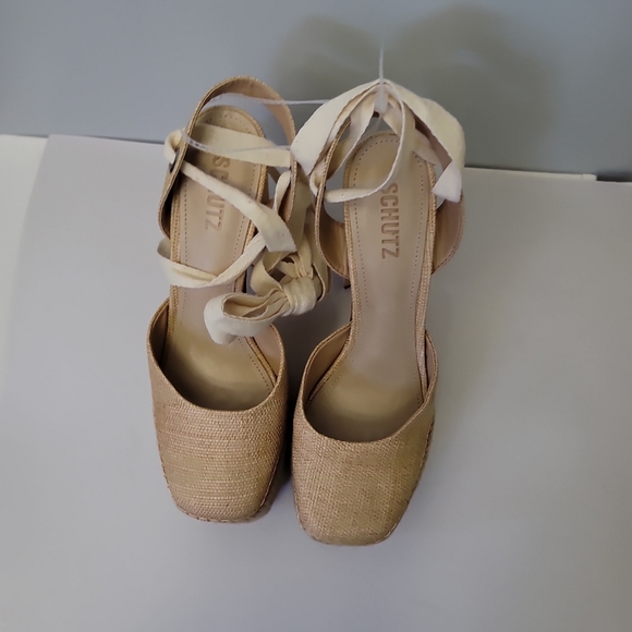 Schutz Nala Light Nude Canvas Platform Lace-Up Espadrille Heels - Picture 6 of 15